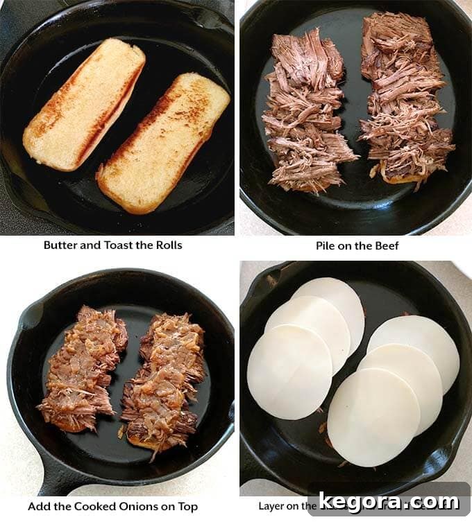 Instant Pot French Dip Perfection 6 Four process images showing the toasting of rolls in a cast iron skillet, and then placing meat, onions, and cheese onto rolls before broiling