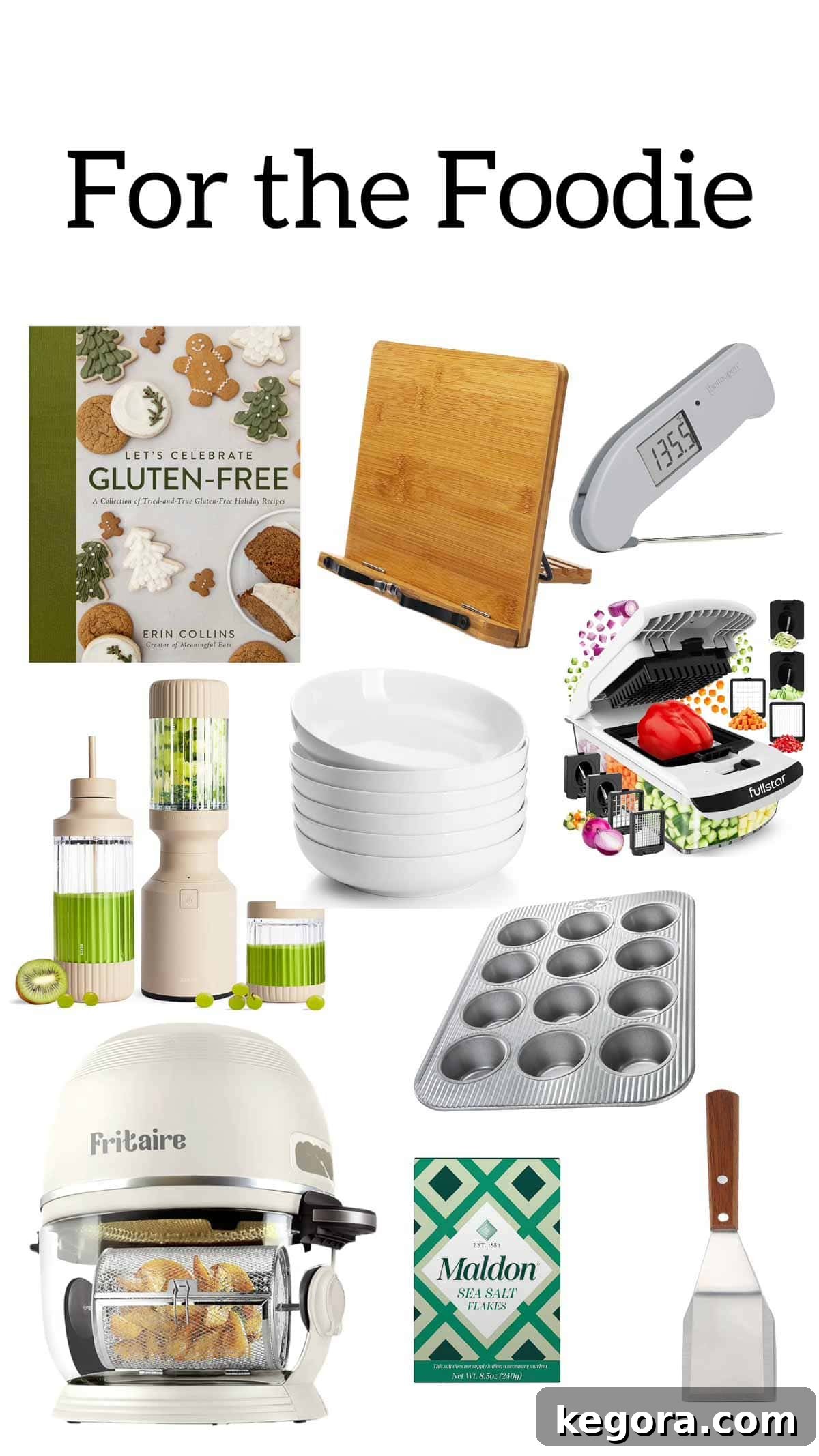 2025's Top Gift Ideas For Foodies, Kids, Him & Her 2 A collage of top gift ideas for the culinary enthusiast, featuring cookbooks, a blender, unique salts, and essential kitchen tools.