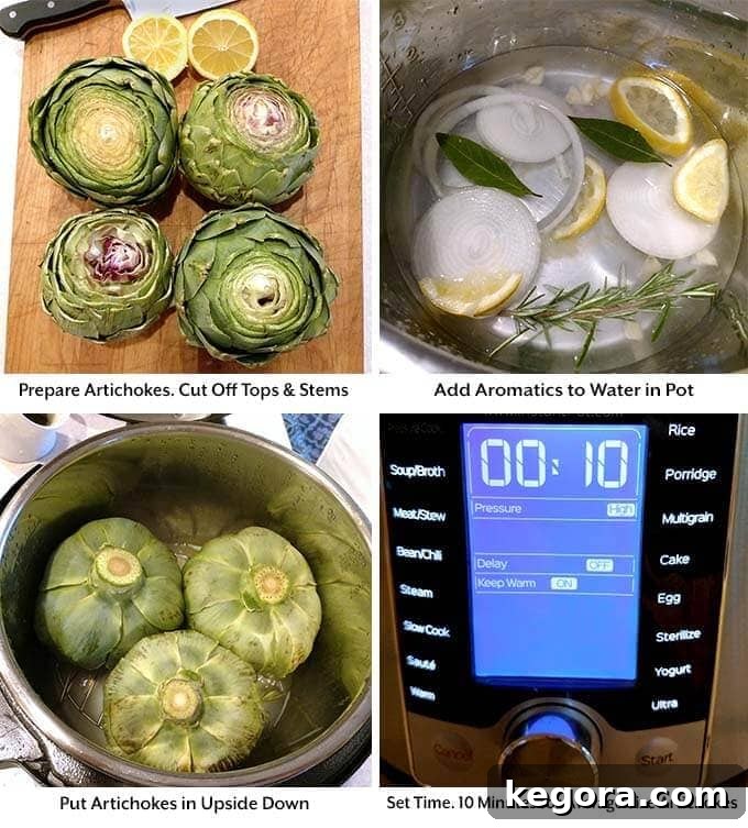 Effortless Instant Pot Steamed Whole Artichokes 4 Four process images showing artichokes with tops and stems removed on a wooden cutting board, adding aromatics to water in pressure cooker pot, then adding artichokes upside down to pot before setting pressure cooker cooking time