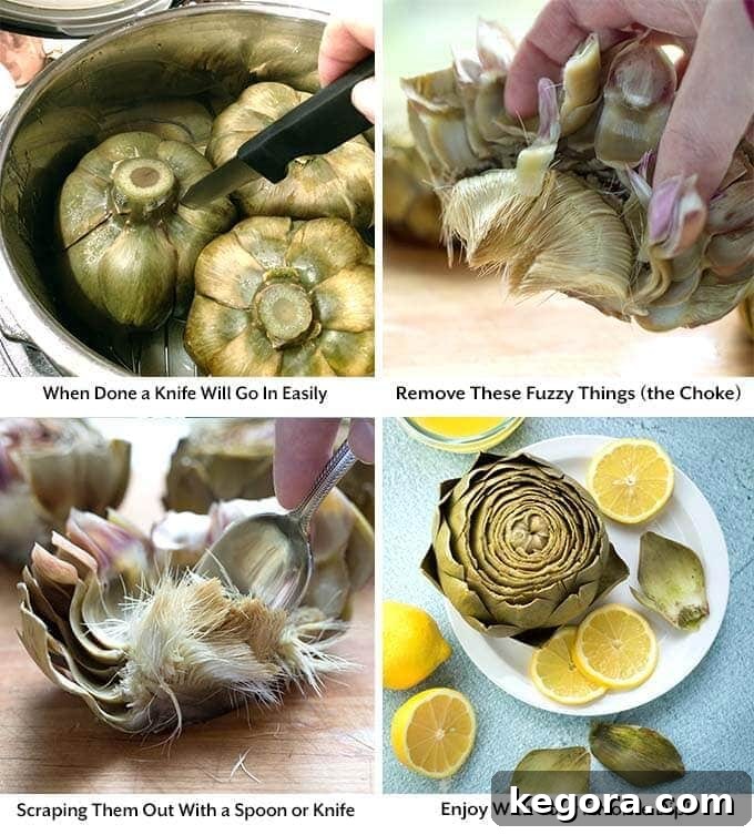 Four process images showing cutting the artichokes and removing the choke before showing the instant pot artichoke on a white plate