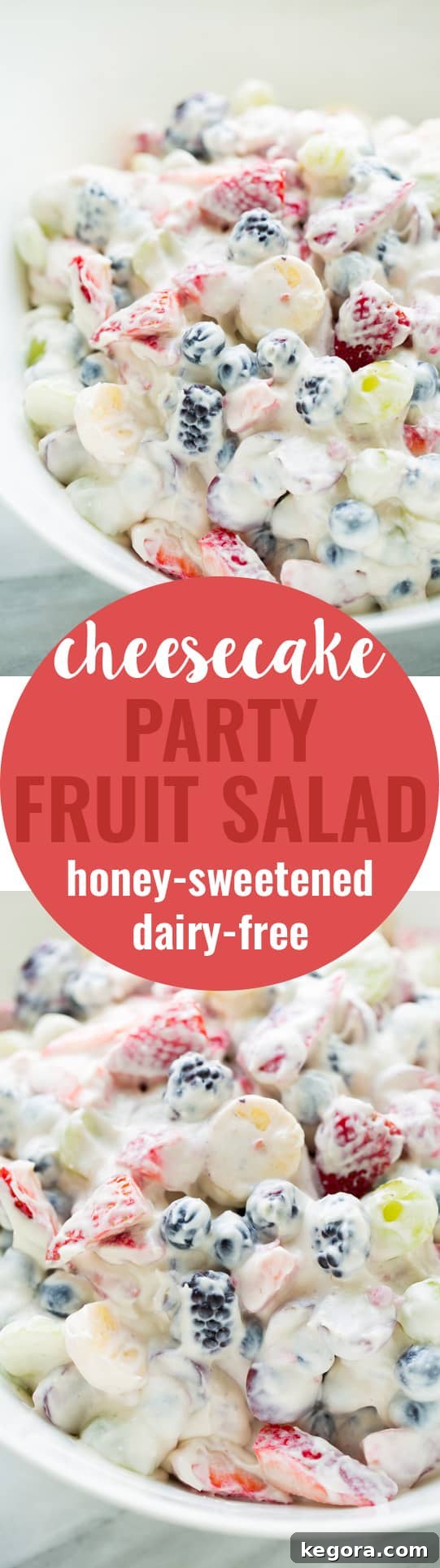 Overhead view of a large platter of Healthy Cheesecake Fruit Salad.