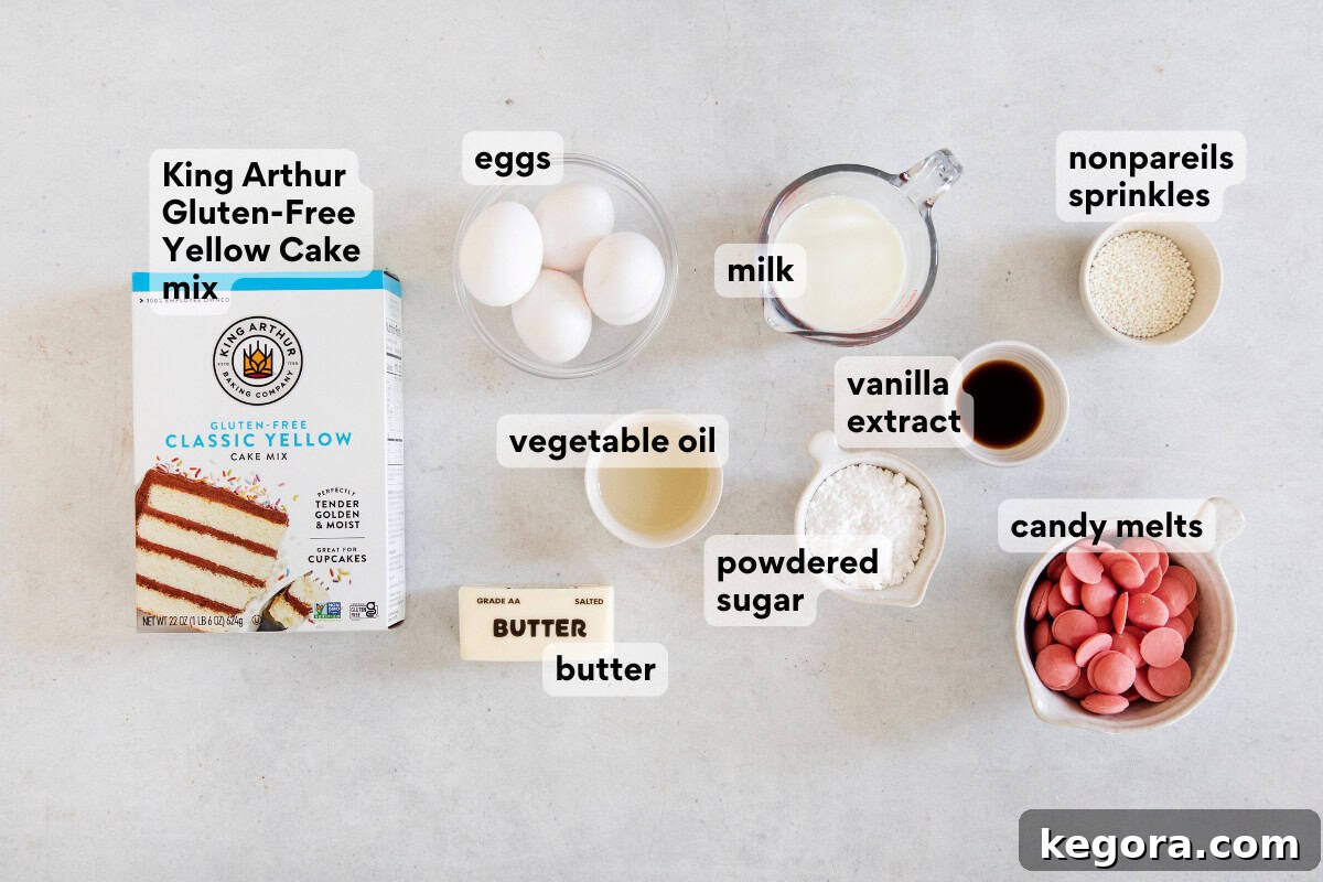 Guilt-Free Cake Pop Delights 4 A carefully arranged flat lay of all the fresh ingredients required to bake delicious gluten-free cake pops, laid out on a clean kitchen surface.