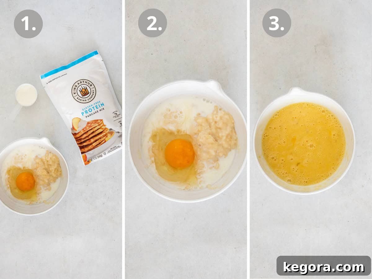 Protein Packed Gluten Free Dairy Free Banana Pancakes 5 Gluten-free banana protein pancakes process photos in a bowl being mixed together.