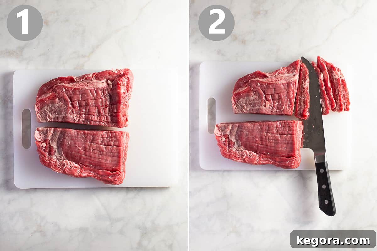 How to Cut Flank Steak for Stir-Fry Step-by-step photos illustrating how to properly cut a flank steak against the grain