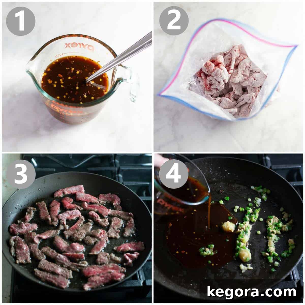 How to Cook Beef Teriyaki Step-by-step photos illustrating the process of making beef teriyaki, including coating and cooking the beef