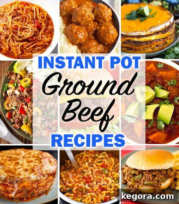 30+ Effortless Instant Pot Ground Beef Meals 2 Instant Pot Ground Beef Recipes title graphic with several images of ground been dishes