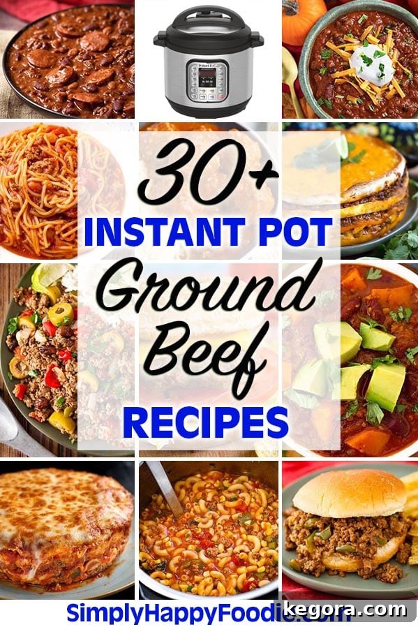 30+ Effortless Instant Pot Ground Beef Meals 3 Instant Pot Ground Beef Recipes pinterest image with title and simply Happy Foodie.com logo