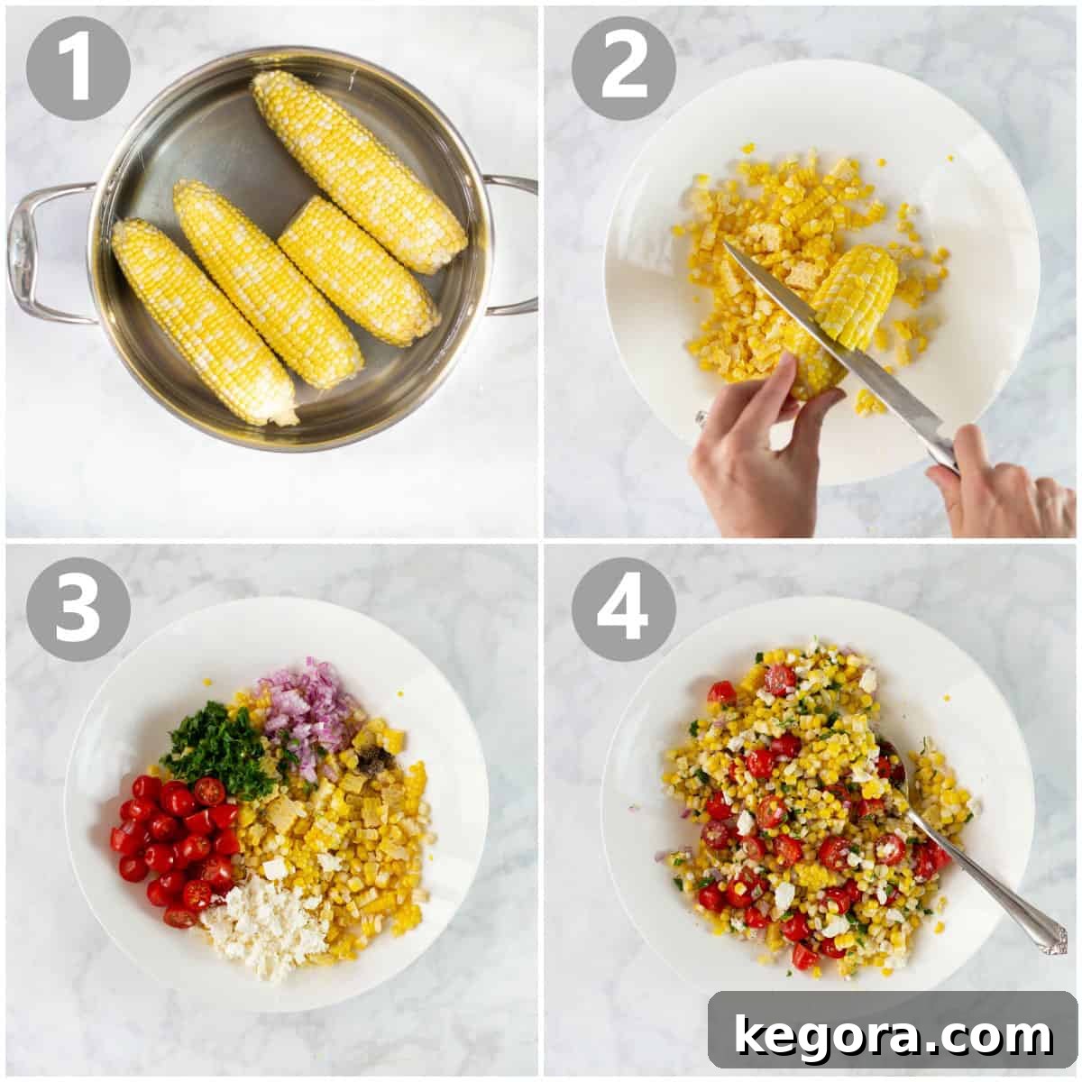 A four-panel grid showing step-by-step photos of how to prepare the summer corn salad.