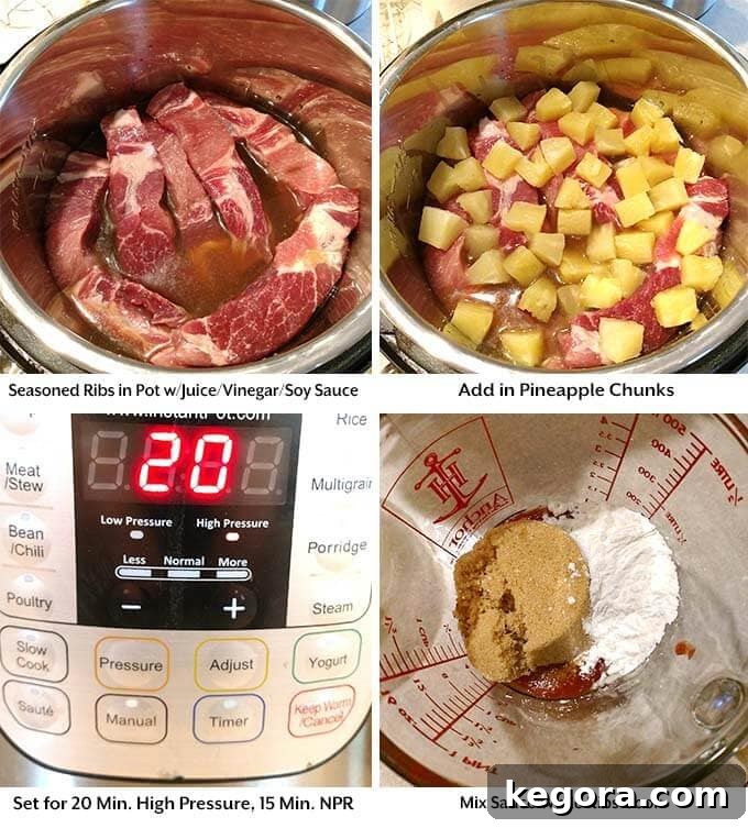 Pressure Cooker Sticky Sweet and Sour Country Ribs 3 four process images showing seasoned ribs with liquid in the pressure cooker pot, then the addition of pineapple chunks before setting the pressure cooker cook time and mixing the sauce in a glass measuring cup while ribs cook