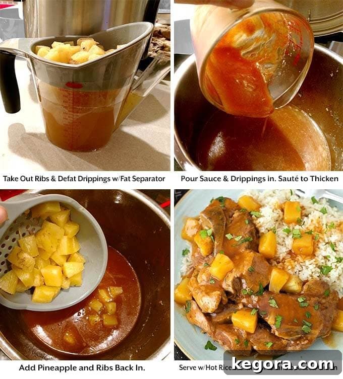 Pressure Cooker Sticky Sweet and Sour Country Ribs 4 Four process images showing the removal of ribs and defatting the drippings before pouring sauce and drippings into the pot and then adding everything else back into the pot