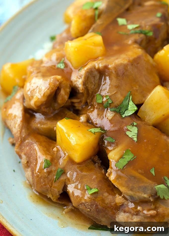 Pressure Cooker Sticky Sweet and Sour Country Ribs 6 Closeup of Sweet and Sour Country Ribs on a bluish-gray plate