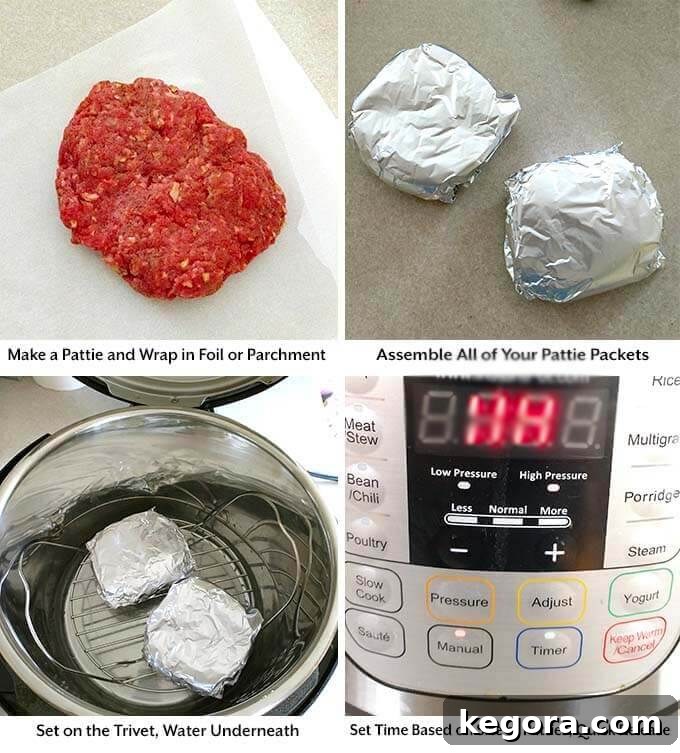 Unlock Juicy Burgers with Your Instant Pot 3 Four process images showing the meat patty wrapped up in foil and placed on a trivet with the pressure cooker cook time set