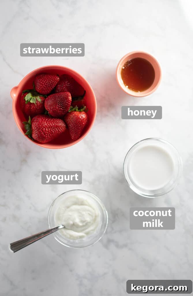 Strawberry Popsicle Ingredients Overhead photo showcasing glass bowls filled with fresh whole strawberries, creamy yogurt, golden honey, and smooth coconut milk – all the simple, healthy ingredients needed for this homemade popsicle recipe.