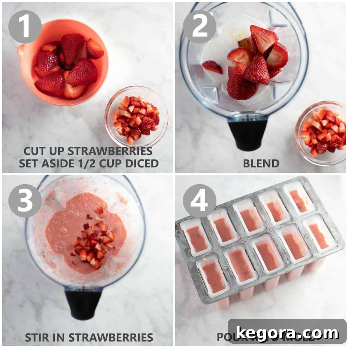 Fruit Popsicle Preparation Steps A four-photo collage illustrating the easy steps to prepare the strawberry popsicle mixture in a blender, showing the process from whole ingredients to smooth blend.