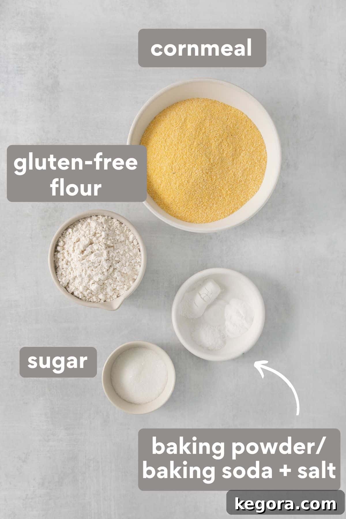 Silky Corn Cakes 3 A bowl containing dry cornmeal pancake ingredients, including cornmeal, flour, sugar, baking powder, baking soda, and salt, ready to be mixed on a kitchen countertop.