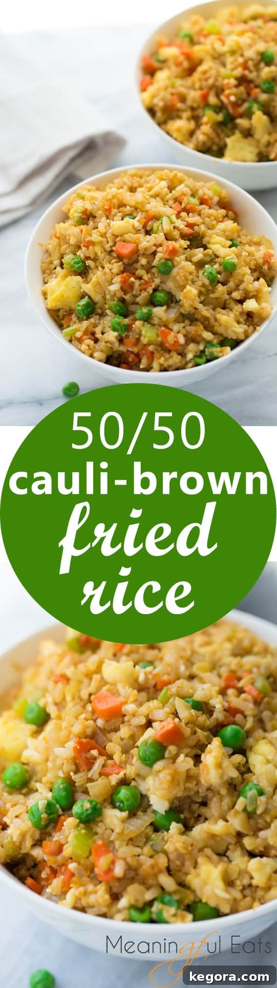 50/50 Cauliflower and Brown Rice Fried Rice Gluten Free 6 50/50 Cauli-Brown Rice Fried Rice! An easy fried rice made of 1/2 cooked brown rice and 1/2 cauliflower rice. One of my go-to healthy dinners! Easy, kid-friendly, yummy.