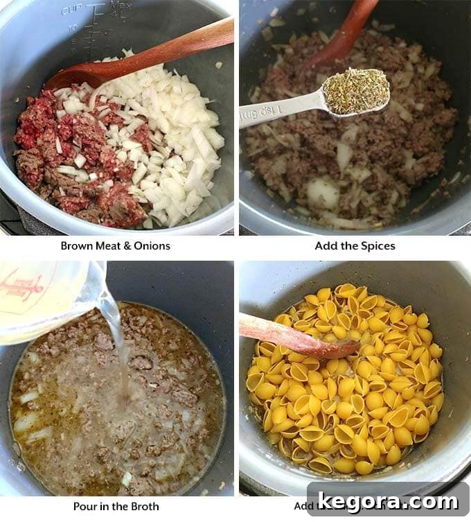 Instant Pot Hearty Cheesy Meat Shells 3 Four process images illustrating browning ground beef and Italian sausage with diced onions in the Instant Pot, then adding Italian seasonings, chicken broth, and layering medium pasta shells.
