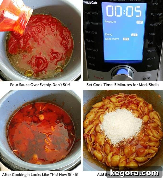 Instant Pot Hearty Cheesy Meat Shells 4 Four process images showing pouring marinara sauce over pasta in the Instant Pot, securing the lid and setting cook time, and stirring in grated Parmesan cheese after cooking.