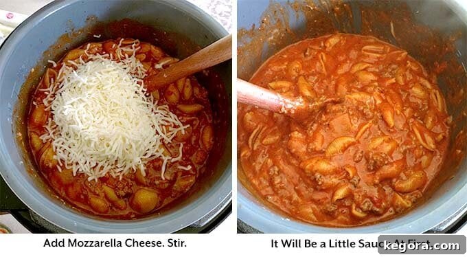 Instant Pot Hearty Cheesy Meat Shells 5 Two process images showing the addition of shredded mozzarella cheese and gently stirring the Instant Pot Cheesy Meaty Shells until combined and creamy.