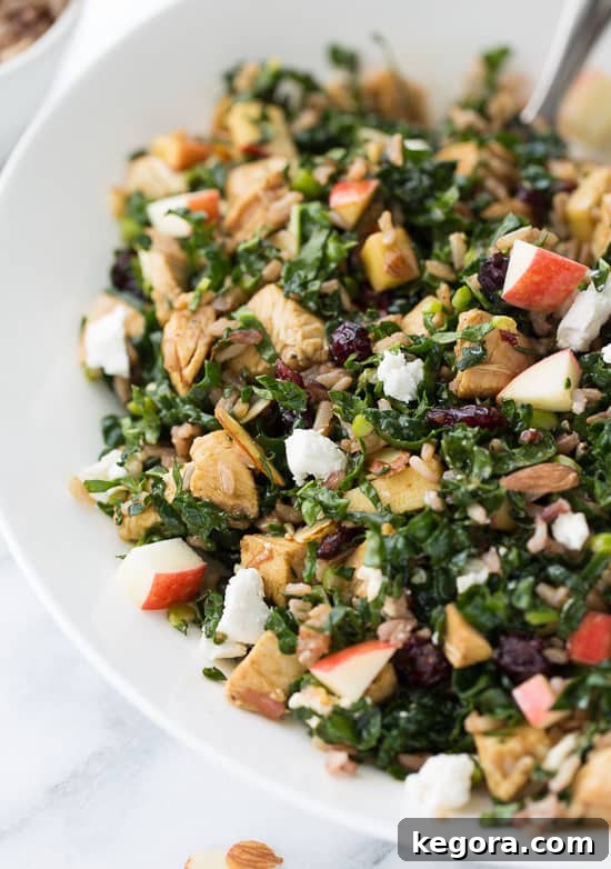 Close-up of a vibrant Chicken Kale and Wild Rice Salad featuring crisp kale, succulent chicken, and a medley of colorful additions.