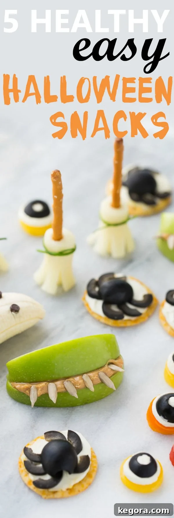 Spooktacularly Healthy Treats 9 A vibrant collage of 5 easy and healthy Halloween snacks, perfect for kids and class parties, all made with simple, readily available, and gluten-free ingredients.