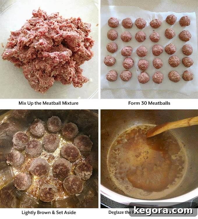 Creamy Instant Pot Swedish Meatballs 4 A collage of four images demonstrating the process of making Swedish Meatballs: mixing the meatball ingredients in a bowl, hand-rolling the meatballs, browning the meatballs in the Instant Pot, and deglazing the pot with liquid.