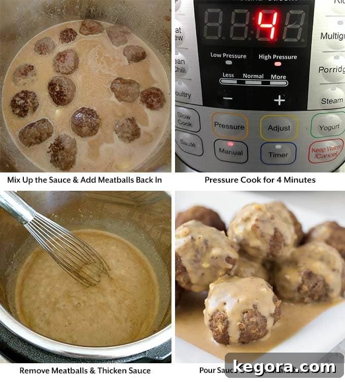 Creamy Instant Pot Swedish Meatballs 5 A four-image collage showing the cooking process: mixing sauce ingredients, adding meatballs to the Instant Pot, setting the pressure cook time, carefully removing cooked meatballs, and finally, a plated dish of Swedish Meatballs with sauce.