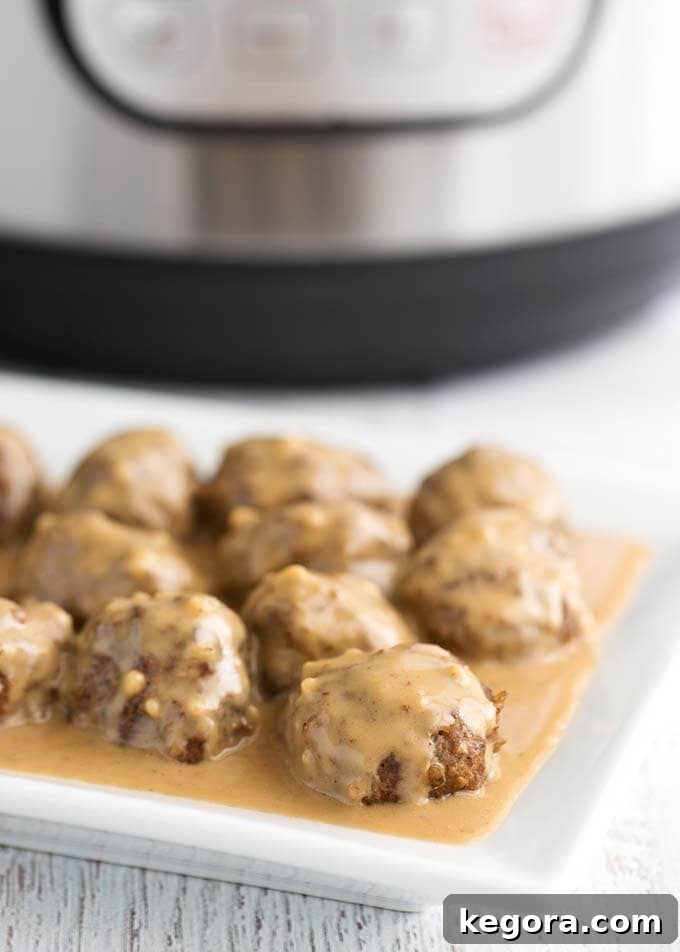Creamy Instant Pot Swedish Meatballs 6 A rustic-style serving of Instant Pot Swedish Meatballs presented on a white plate, positioned in front of a modern electric pressure cooker.