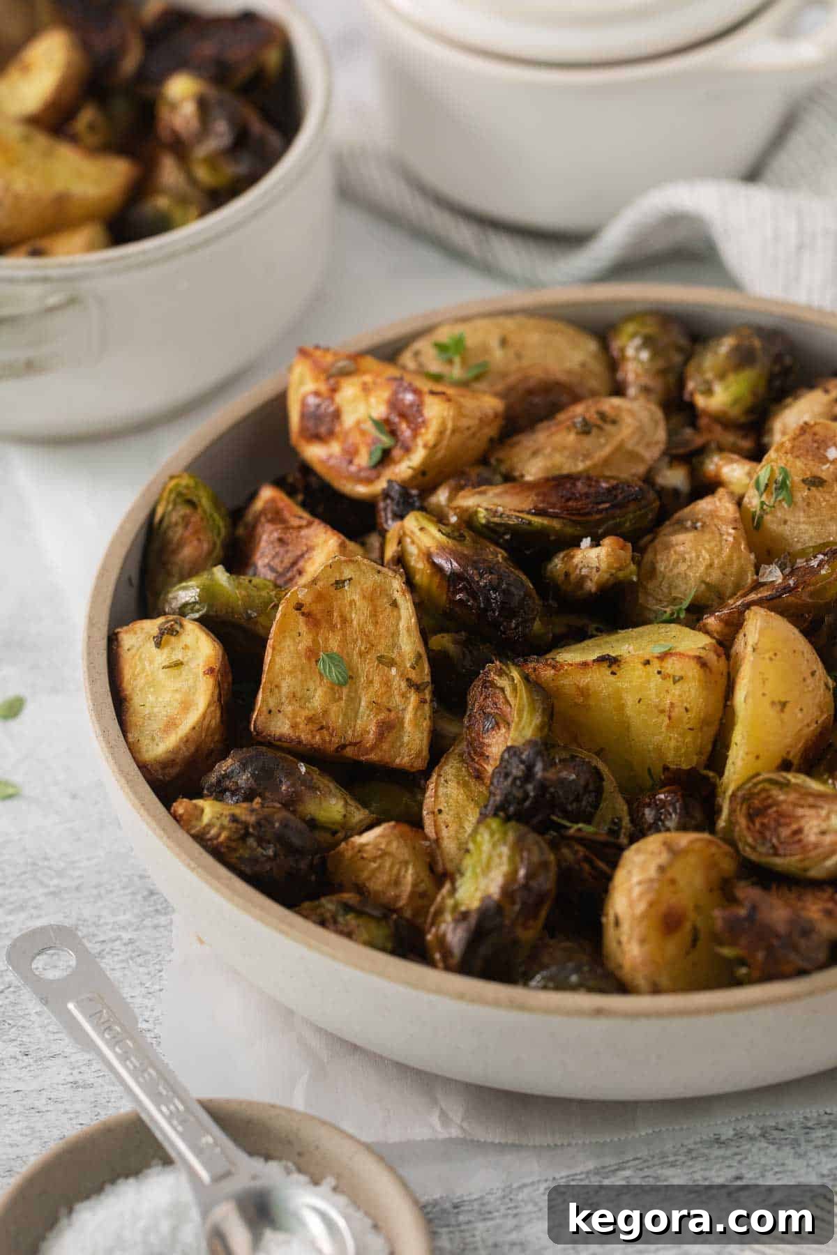 roasted potatoes and brussel sprouts in a bowl