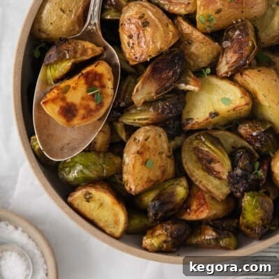 roasted potatoes and brussel sprouts in a bowl