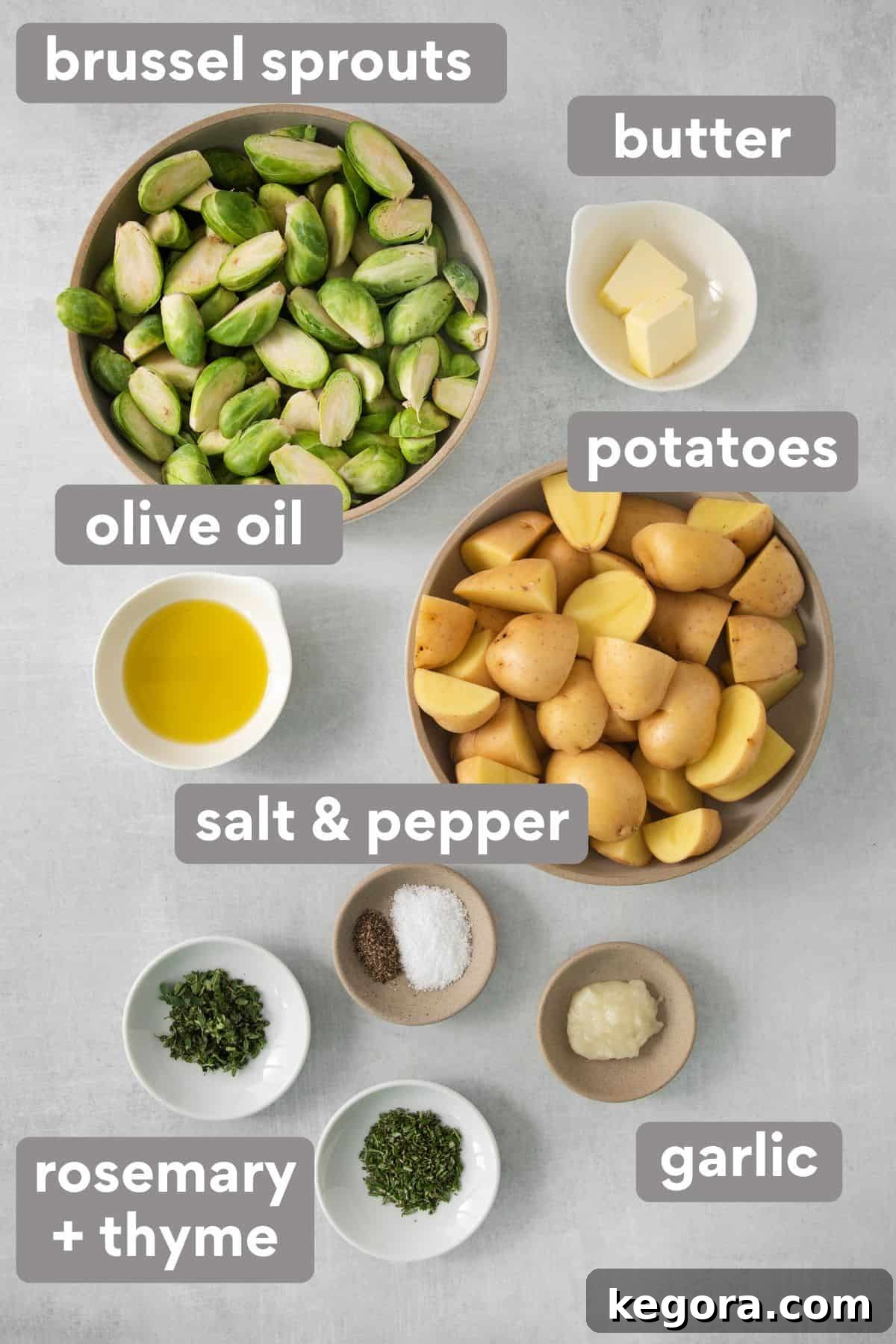 roasted potatoes and brussel sprouts ingredients on a countertop