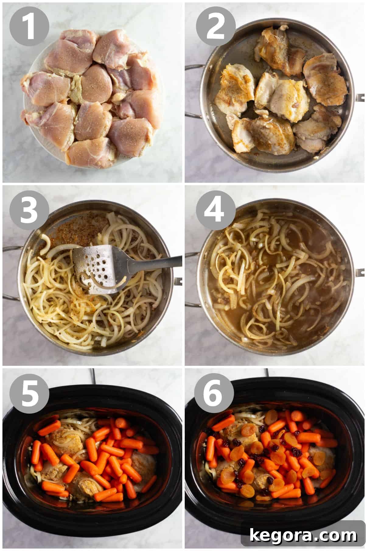 Moroccan Chicken Preparation Steps Step-by-step pictorial guide on preparing Slow-Cooker Moroccan Chicken, showing ingredients and cooking stages.