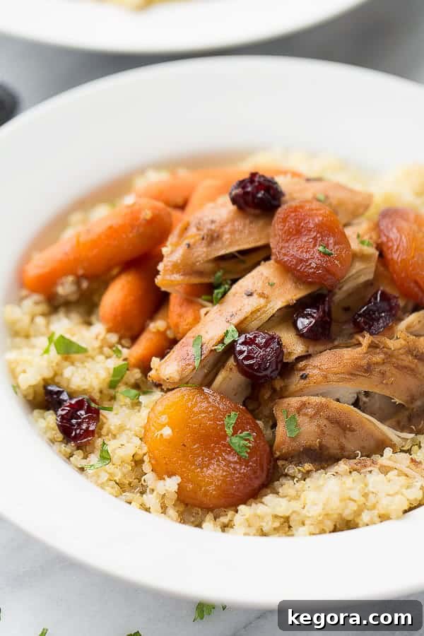 Close-Up Slow-Cooker Moroccan Chicken A vibrant close-up of Slow-Cooker Moroccan Apricot Chicken served generously over quinoa, showcasing its rich sauce and tender ingredients.