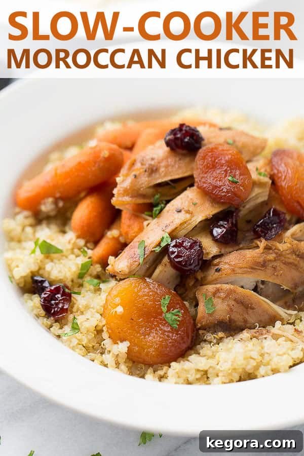 Moroccan Chicken Dish on Plate A close-up view of a single serving of Slow-Cooker Moroccan Chicken on a white plate, highlighting the tender chicken and colorful fruits.