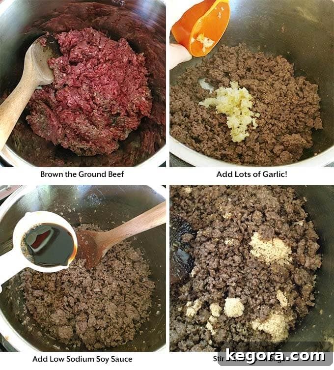 Four process images showing ground beef browning in an Instant Pot, followed by the addition of garlic, soy sauce, water, brown sugar, sesame oil, ginger, red pepper flakes, and white pepper, mixed well to prevent burn error