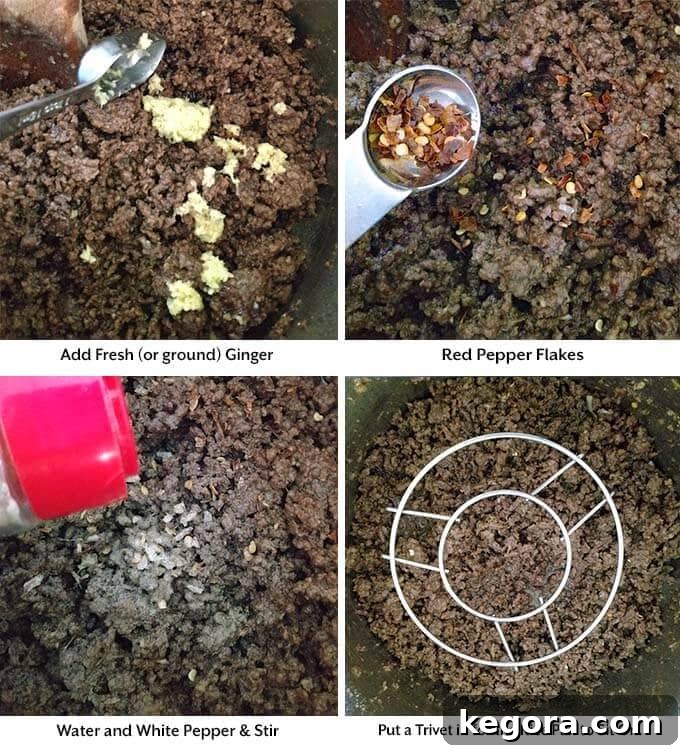 Four process images showing the mixture being scraped from the bottom of the Instant Pot, then placing a trivet and a separate pan with rice, water, and butter on top of the beef mixture