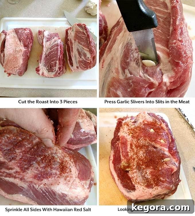 Tender Instant Pot Kalua Pork 3 Four process images showing how to cut the roast, pressing garlic into meat, and sprinkling all sides with salt