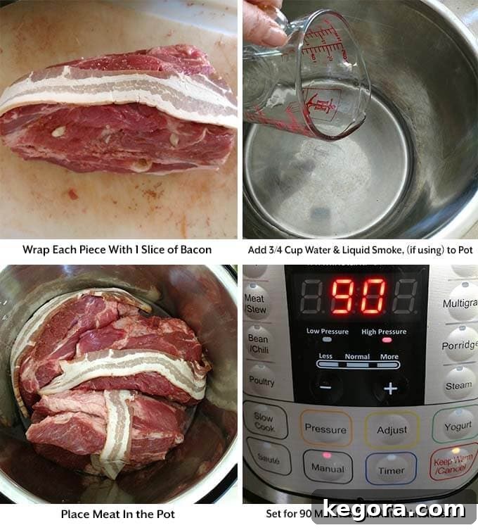 Tender Instant Pot Kalua Pork 4 Four process images showing meat wrapped with bacon, adding liquids to the pressure cooker pot before placing meat in the pot and setting the cook time