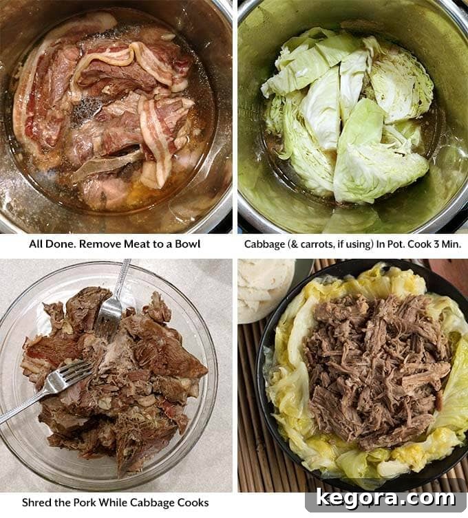 Tender Instant Pot Kalua Pork 5 Four process images showing the meat cooked and removed to another bowl, then adding the vegetables into the pressure cooker pot, and then the final product of pork and cabbage on a black plate