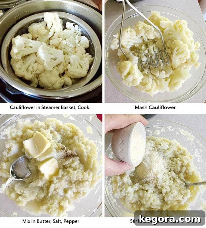 Instant Pot Creamy Cauli Mash 3 Four process images showing uncooked cauliflower in a steamer basket inside of a pressure cooker, mashing cooked cauliflower in a glass bowl before mixing with remaining ingredients
