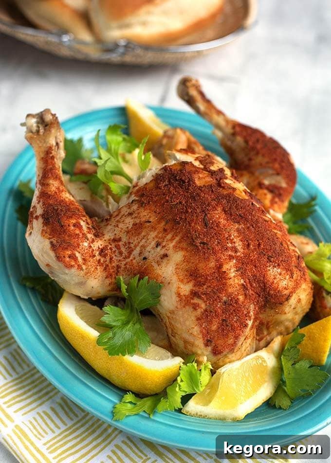 A perfectly cooked Instant Pot whole chicken resting on a blue plate, ready to be carved and served