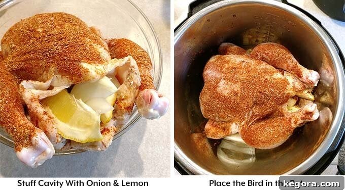 Whole chicken stuffed with lemon and onion, placed inside an Instant Pot for pressure cooking