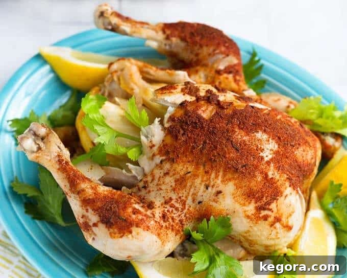 Cooked pressure cooker whole chicken on a blue plate with sliced lemons and herbs, ready to serve