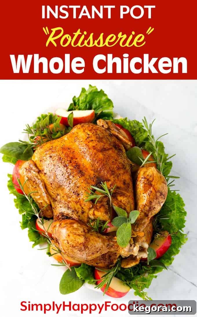 Instant Pot Whole Chicken. Recipe pin image showcasing a cooked whole chicken with herbs and text overlay for sharing on Pinterest.