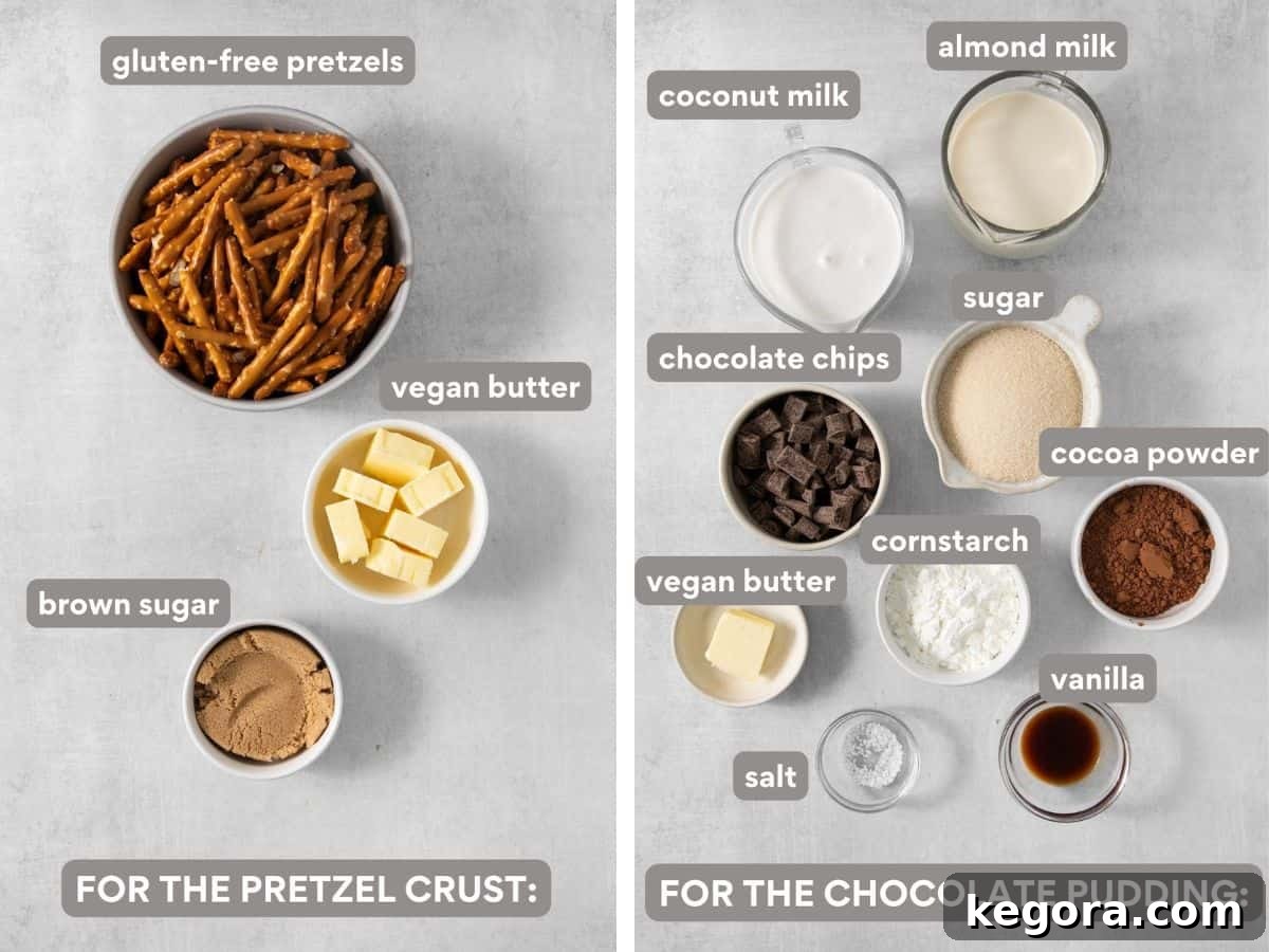 Overhead shot of ingredients to make gluten-free dairy-free dessert, including pretzels, chocolate chips, and coconut milk.