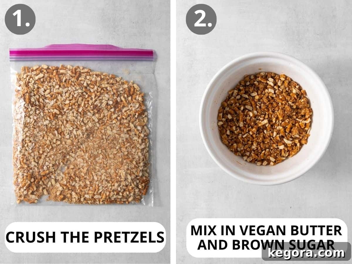How to make the pretzel crust for this gluten-free dairy-free dessert, showing crushed pretzels, brown sugar, and melted vegan butter in a bowl.