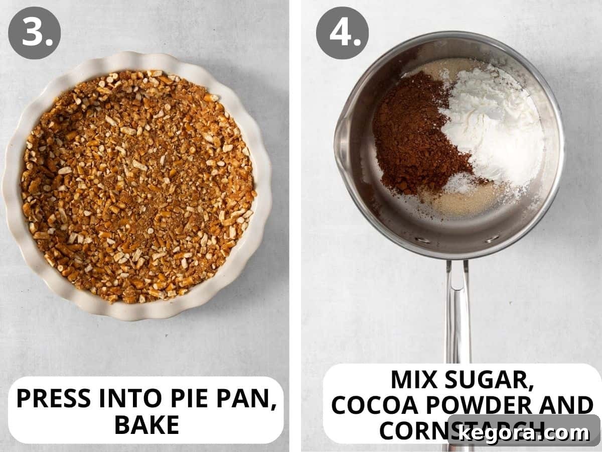 How to bake the crust and make the pudding for this gluten-free dairy-free dessert, showing a baked crust and pudding mixture in a saucepan.