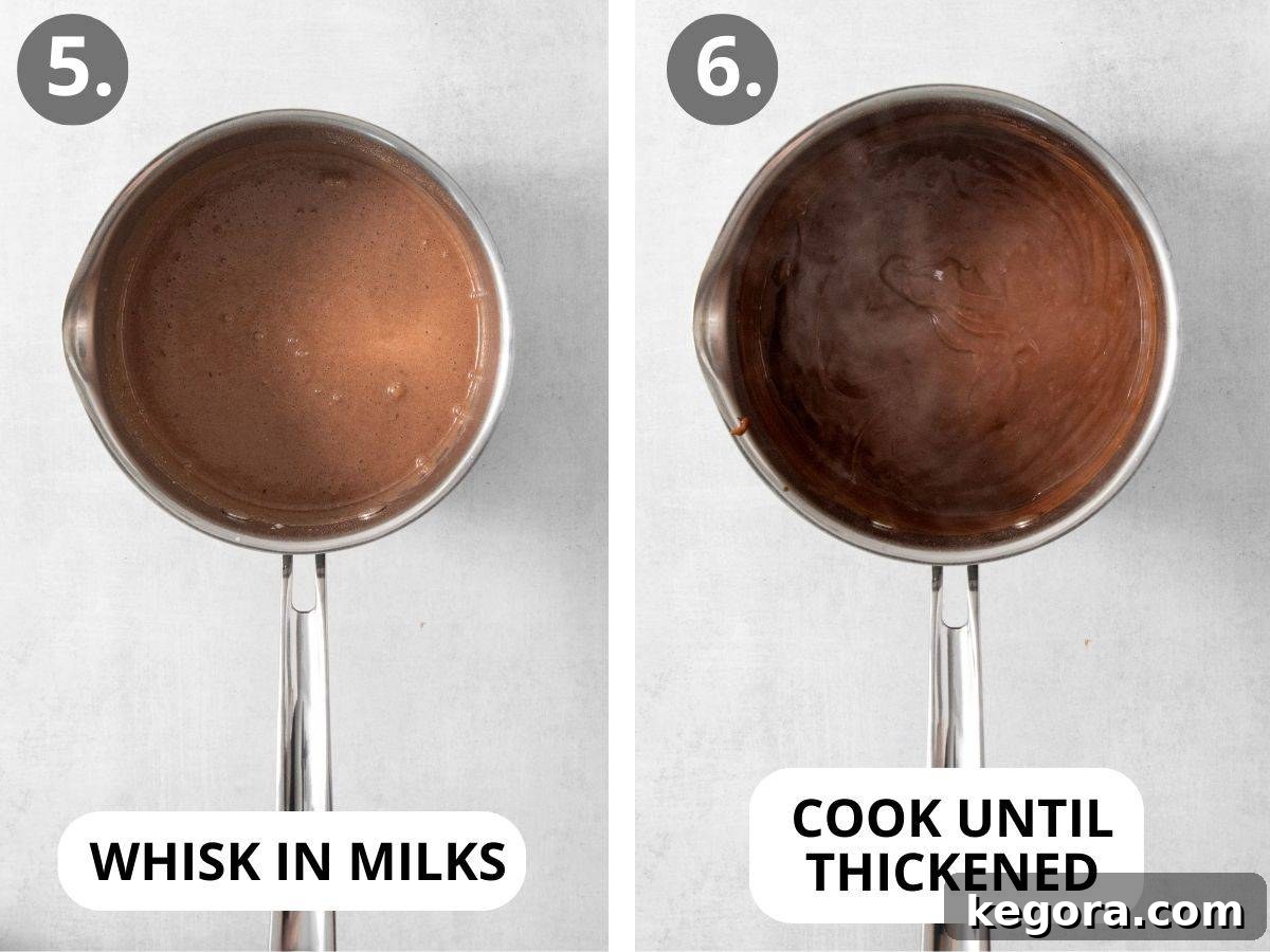 How to make the gluten-free dairy-free dessert pudding, showing the chocolate pudding being whisked in a saucepan.