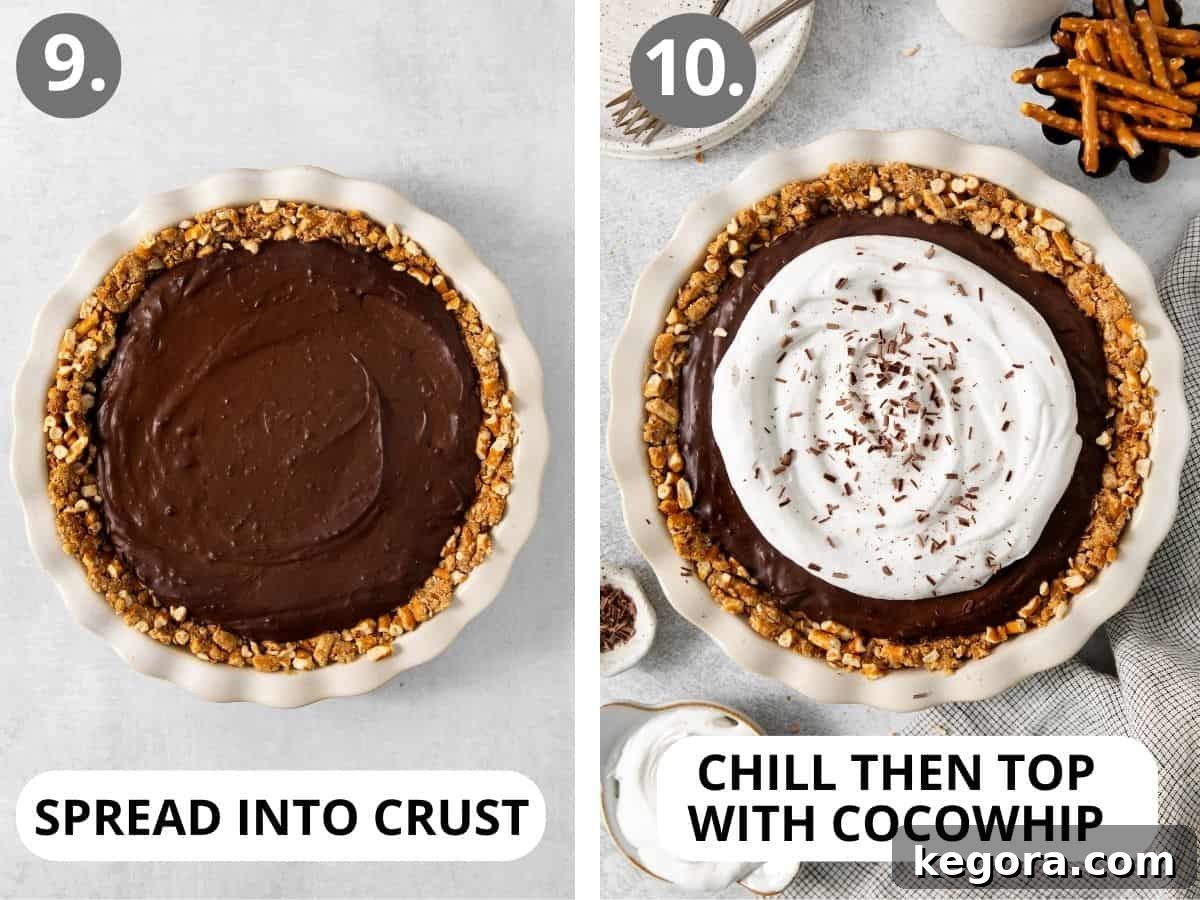 Assembling the gluten-free dairy-free chocolate pudding pretzel pie, showing the pudding being poured into the crust.