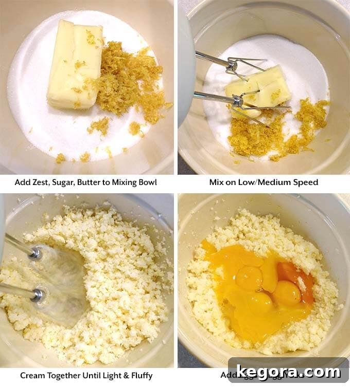 Four process images showing the addition of zest, sugar, and butter int a mxing bowl before being mixed and the addition of eggs